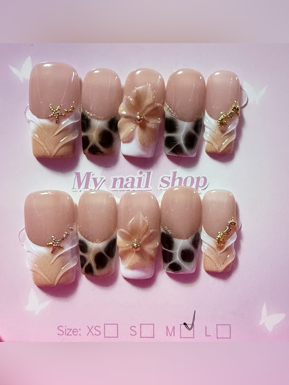 My Nail Shop Nude Pink Floral & Leopard Press-On Nail Set